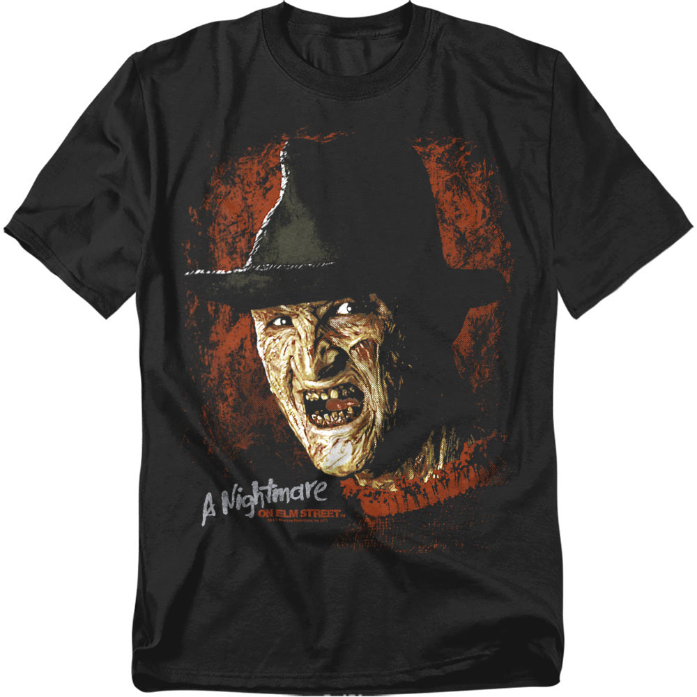 Black t-shirt with a graphic design of a iconic character from 'A Nightmare on Elm Street' on a white background.