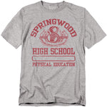 Gray t-shirt with red 'Springwood High School Physical Education' print on a white background