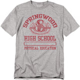 Gray t-shirt with red 'Springwood High School Physical Education' print on a white background