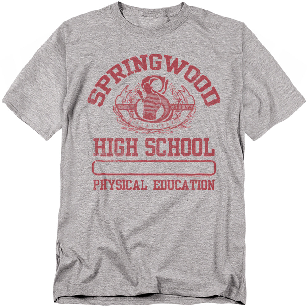 Gray t-shirt with red 'Springwood High School Physical Education' print on a white background