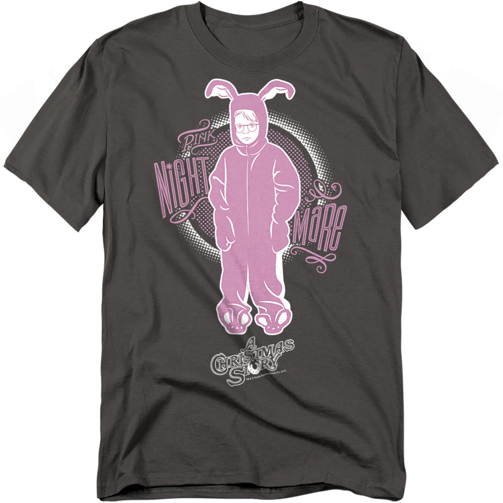 Charcoal T-shirt featuring Ralphie in his pink bunny suit with “Pink Nightmare” text from A Christmas Story.