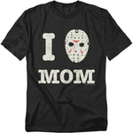 Black t-shirt with a hockey mask graphic and 'I ❤️ MOM' text