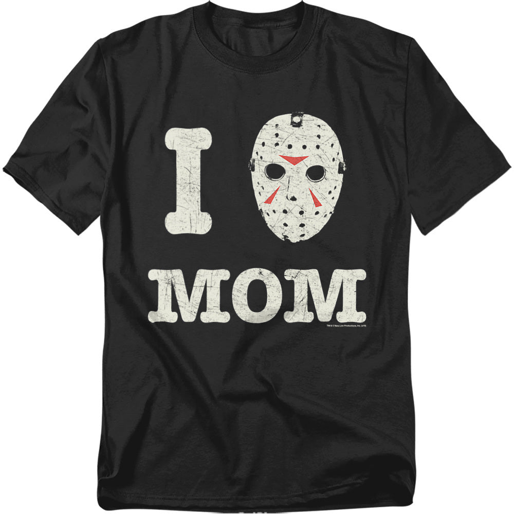 Black t-shirt with a hockey mask graphic and 'I ❤️ MOM' text