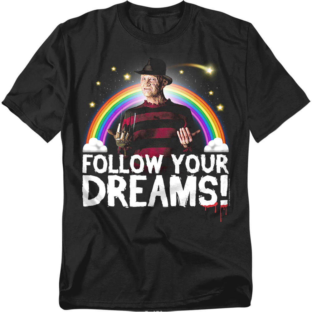 Black t-shirt with Freddy Krueger under a rainbow and text reading “Follow Your Dreams!” in bold white letters.
