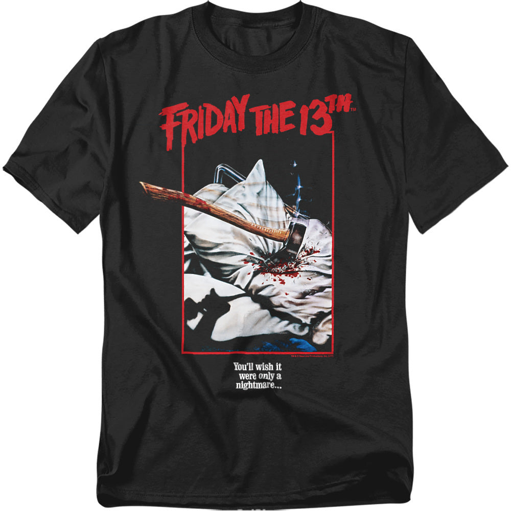 Black t-shirt with Friday the 13th logo in red and vintage axe poster artwork with horror tagline.