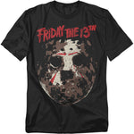 Black t-shirt with 'Friday the 13th' graphic design featuring Jason's mask