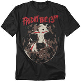 Black t-shirt with 'Friday the 13th' graphic design featuring Jason's mask