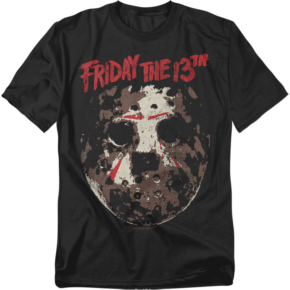Black t-shirt with 'Friday the 13th' graphic design featuring Jason's mask