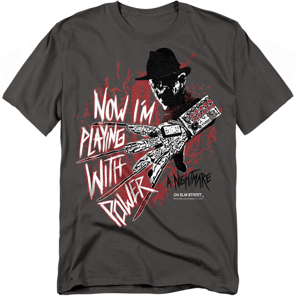 Gray t-shirt with a graphic design of a character holding a guitar and text on a white background