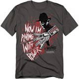 Gray t-shirt with a graphic design of a character holding a guitar and text on a white background