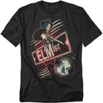 Black t-shirt with 'Elm Street' graphic design featuring a character and street sign.