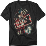 Black t-shirt with 'Elm Street' graphic design featuring a character and street sign.