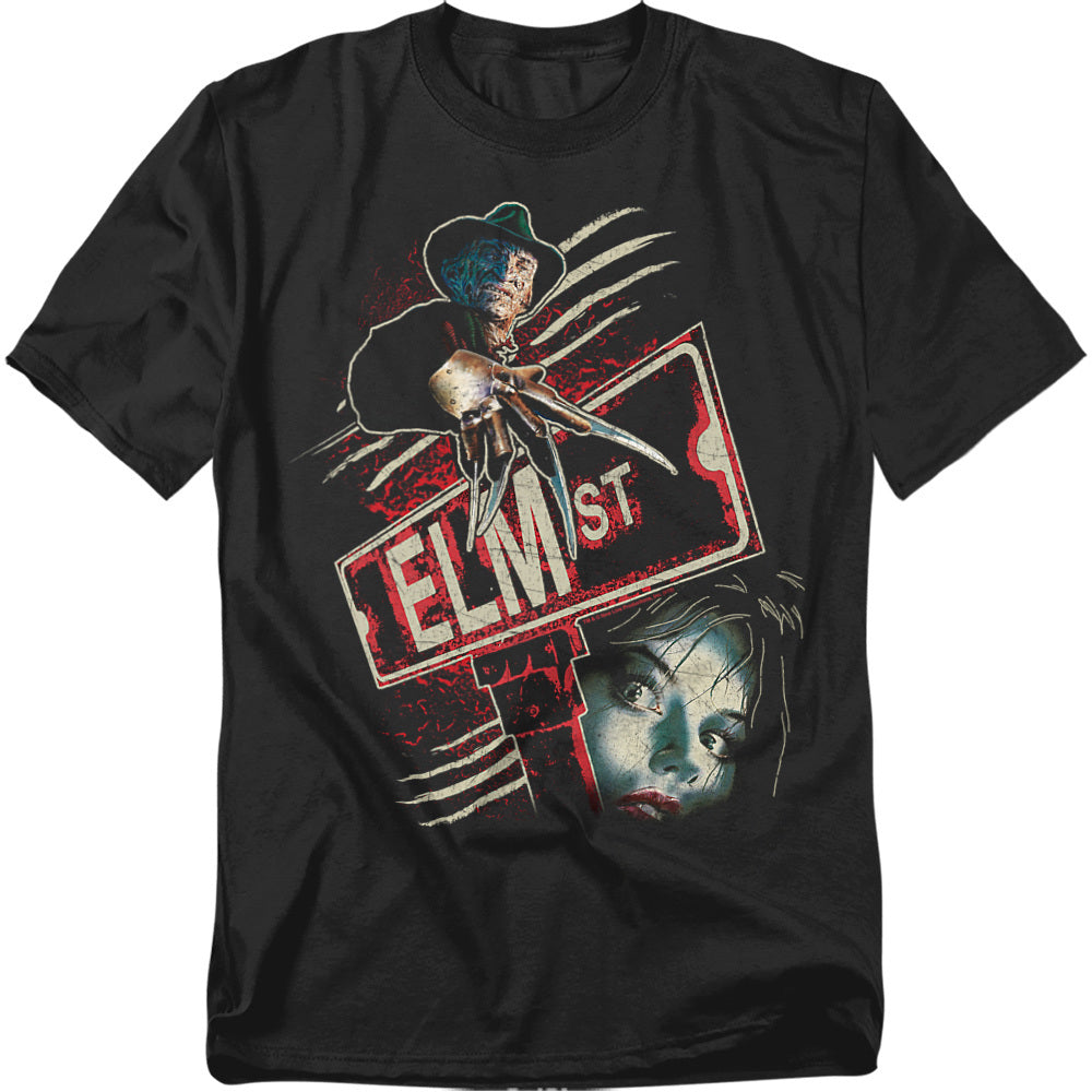 Black t-shirt with 'Elm Street' graphic design featuring a character and street sign.