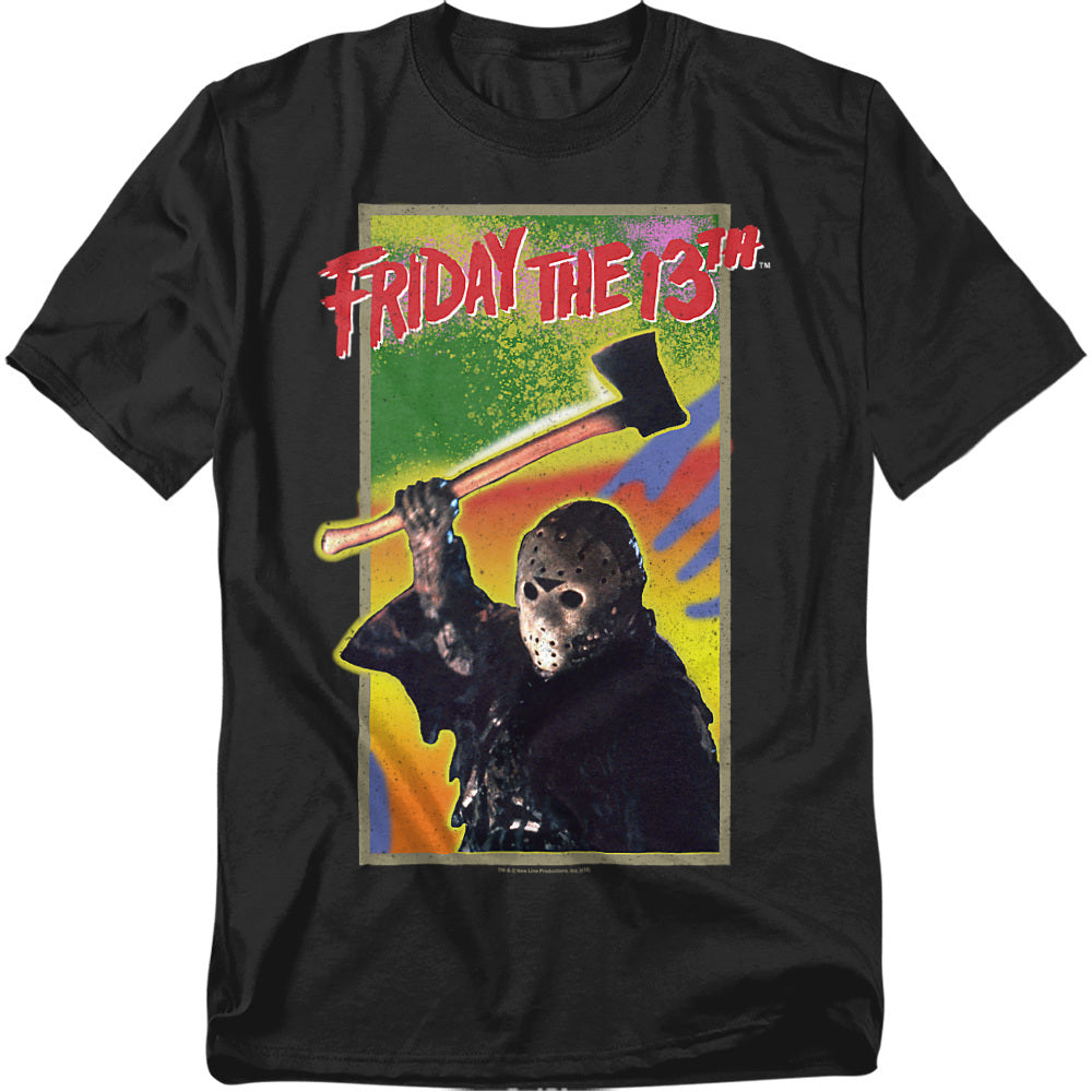 Black t-shirt with 'Friday the 13th' graphic design featuring a character holding an axe.