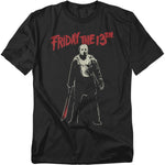 Black t-shirt with 'Friday the 13th' graphic design featuring a character holding a knife.