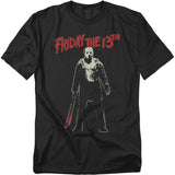 Black t-shirt with 'Friday the 13th' graphic design featuring a character holding a knife.
