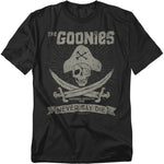 Black t-shirt with 'The Goonies' graphic design featuring a skull and crossed swords.