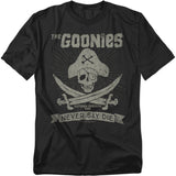 Black t-shirt with 'The Goonies' graphic design featuring a skull and crossed swords.