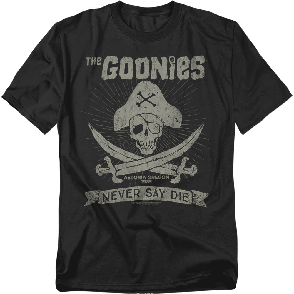 Black t-shirt with 'The Goonies' graphic design featuring a skull and crossed swords.