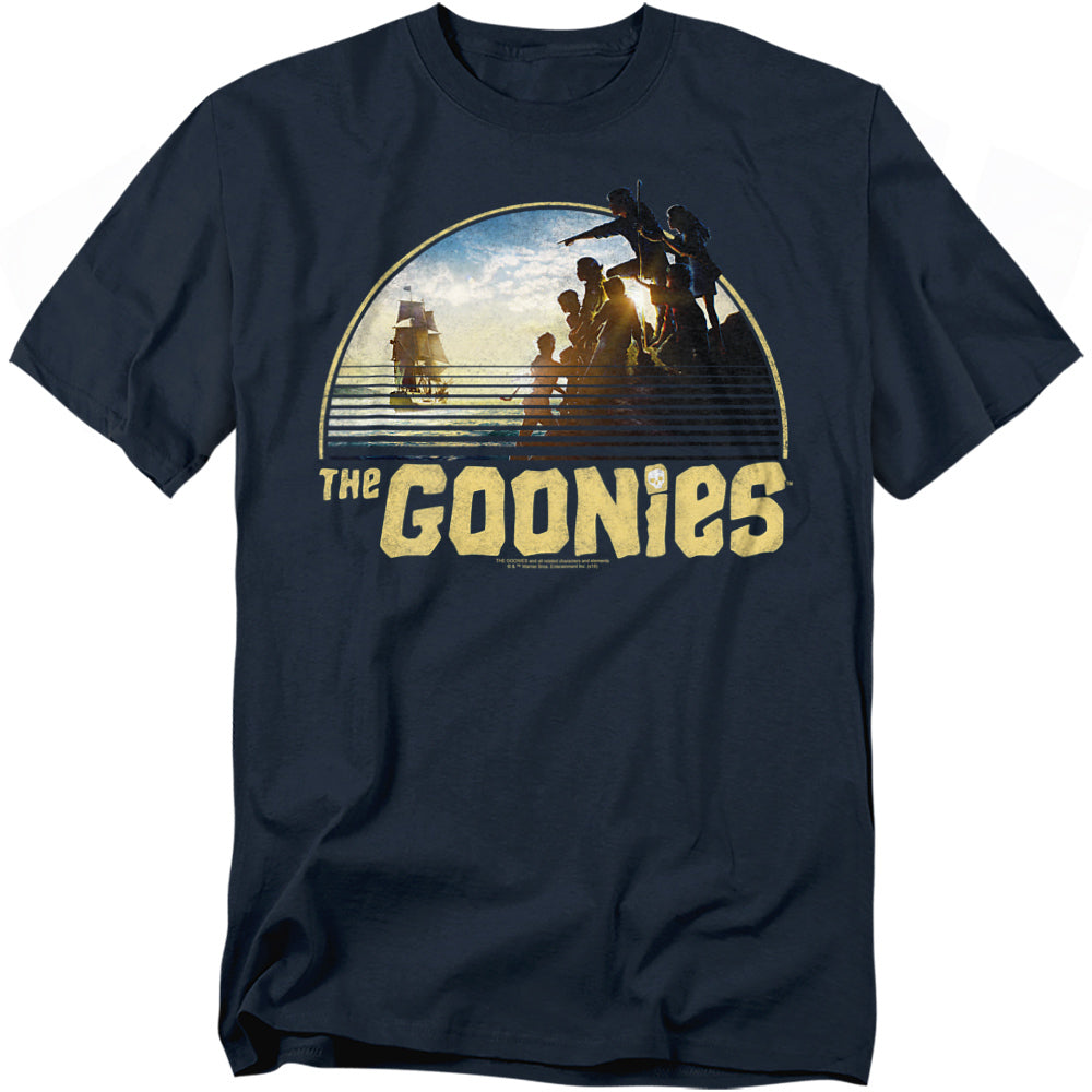 Black t-shirt featuring The Goonies logo with silhouettes of the kids overlooking a pirate ship at sea.