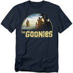 Black t-shirt featuring The Goonies logo with silhouettes of the kids overlooking a pirate ship at sea.