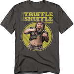 T-shirt with a graphic of a character from 'The Goonies' and text 'Do the Truffle Shuffle' on a white background.