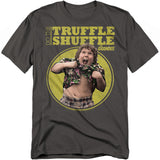 T-shirt with a graphic of a character from 'The Goonies' and text 'Do the Truffle Shuffle' on a white background.