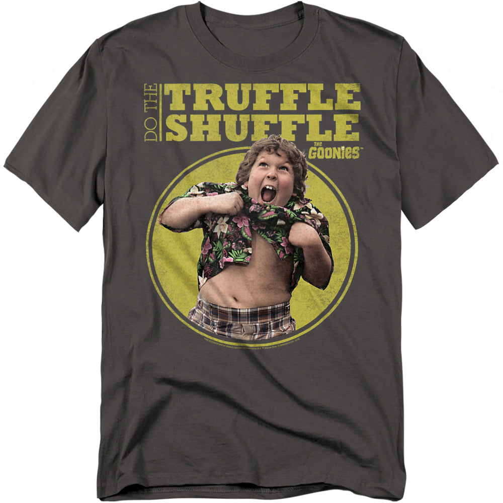 T-shirt with a graphic of a character from 'The Goonies' and text 'Do the Truffle Shuffle' on a white background.