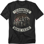 Black t-shirt with 'The Goonies' bike club graphic on a white background