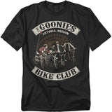 Black t-shirt with 'The Goonies' bike club graphic on a white background