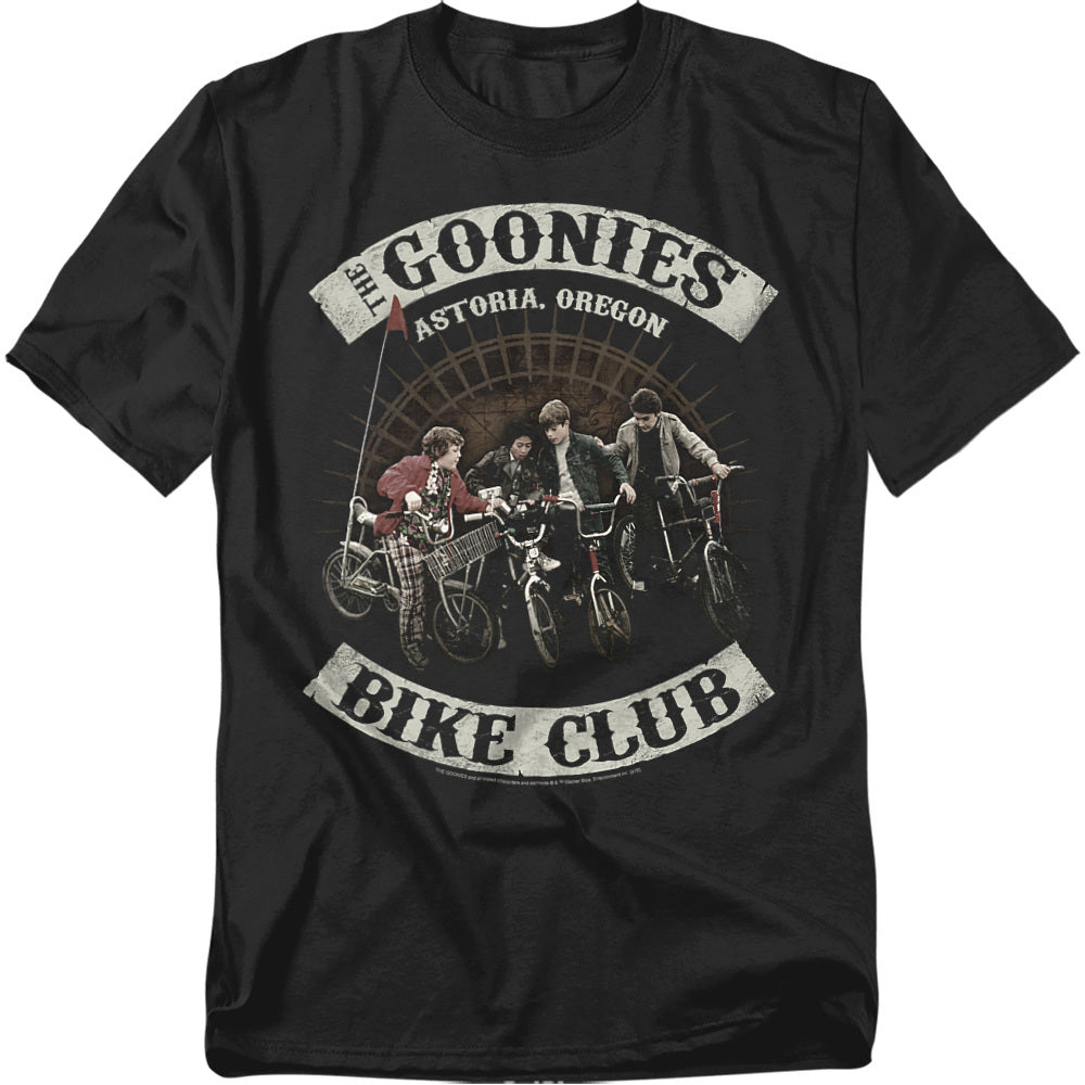 Black t-shirt with 'The Goonies' bike club graphic on a white background