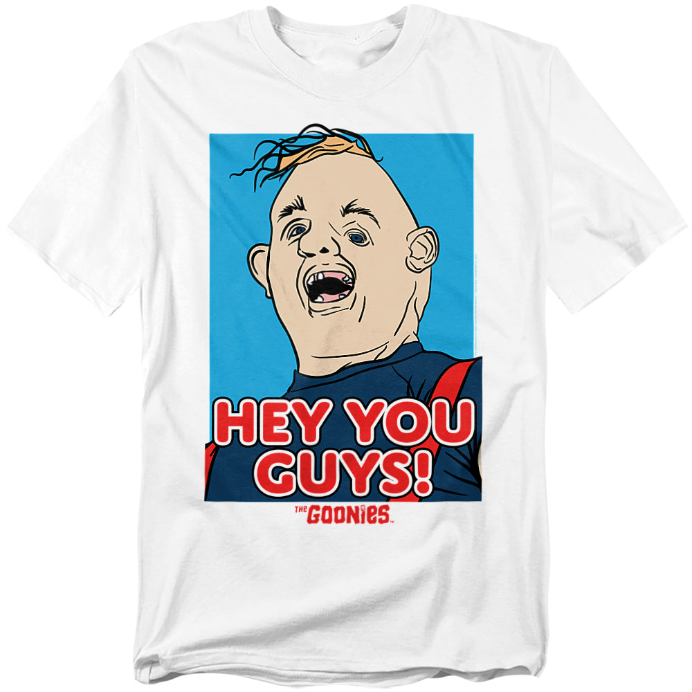 White t-shirt with a graphic of a baby and text 'Hey You Guys!' from 'The Goonies' on a blue background.