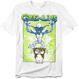 White t-shirt with Gremlins graphic design featuring two creatures on a green background.