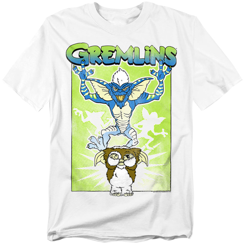 White t-shirt with Gremlins graphic design featuring two creatures on a green background.