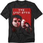 Black t-shirt with 'The Lost Boys' graphic design on a red background