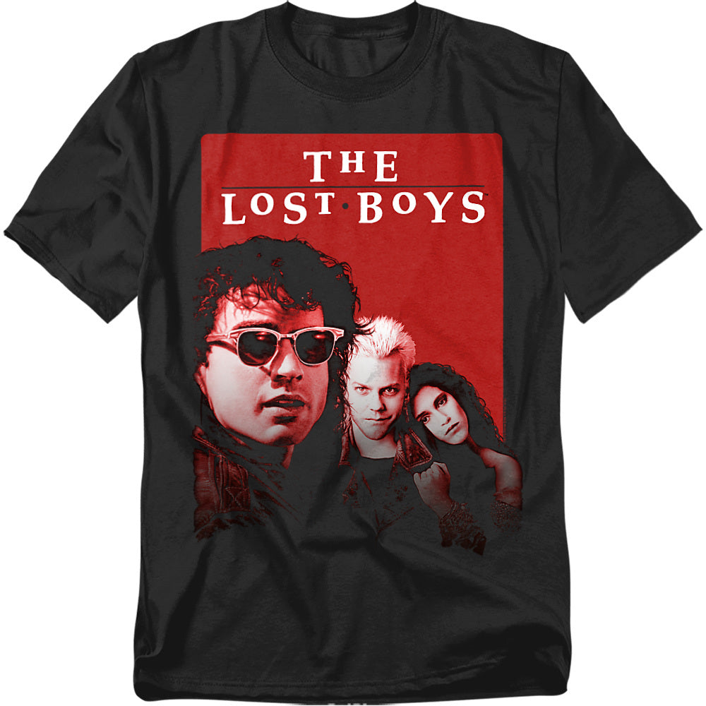 Black t-shirt with 'The Lost Boys' graphic design on a red background