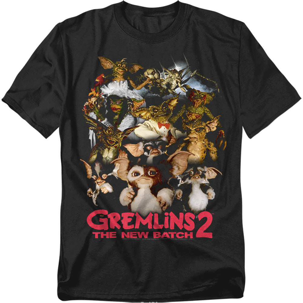 Black t-shirt with Gremlins 2 graphic design on a white background