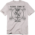 Gray t-shirt with 'Please Stand By' graphic and 'Gremlins 2' text on a white background