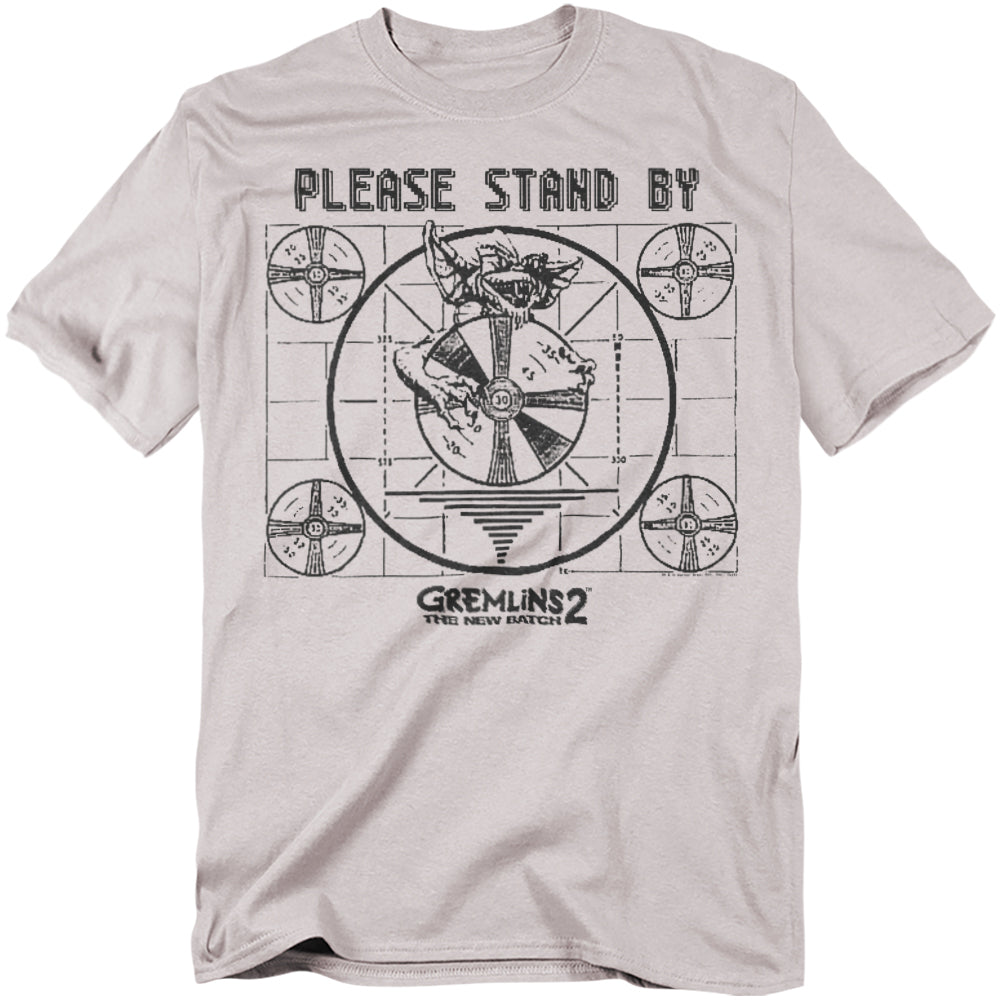 Gray t-shirt with 'Please Stand By' graphic and 'Gremlins 2' text on a white background