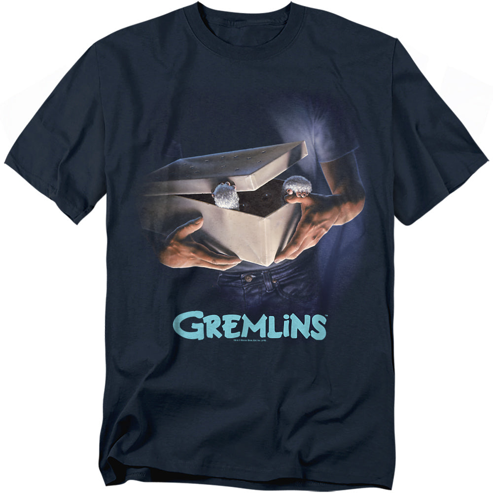 Black t-shirt with Gremlins graphic design on a white background