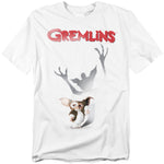 White t-shirt with 'Gremlins' logo and Gizmo the mogwai on a white background