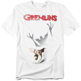 White t-shirt with 'Gremlins' logo and Gizmo the mogwai on a white background