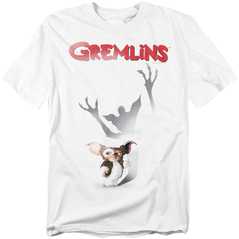 White t-shirt with 'Gremlins' logo and Gizmo the mogwai on a white background