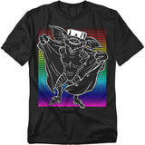 Black t-shirt with a graphic of a bat wearing a mask on a rainbow background