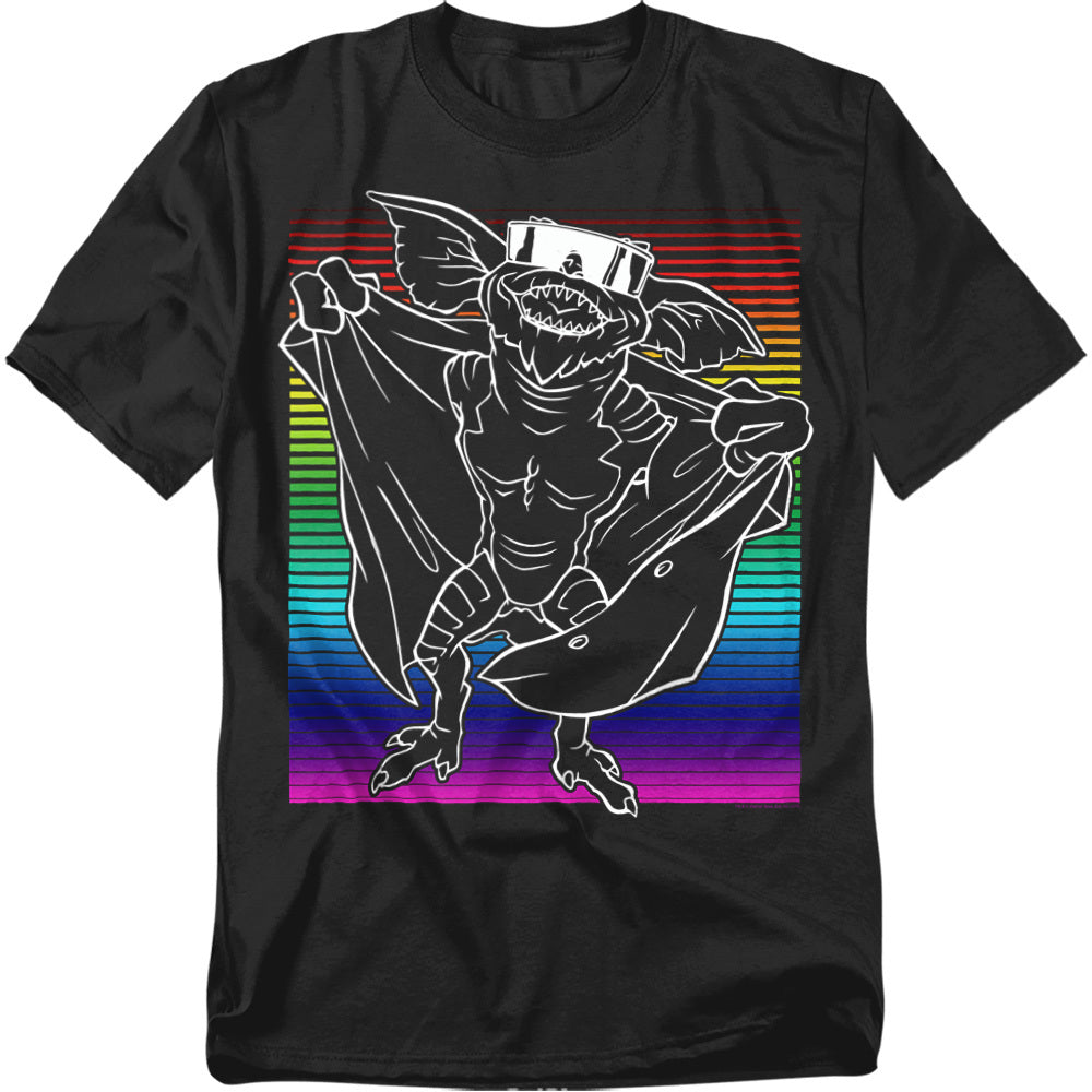 Black t-shirt with a graphic of a bat wearing a mask on a rainbow background