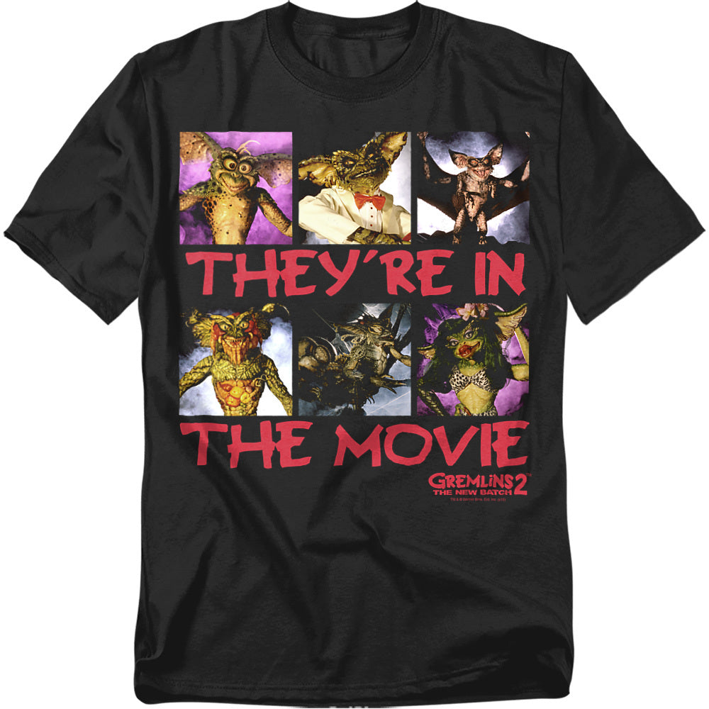 Black t-shirt with Gremlins movie graphic featuring characters and text.