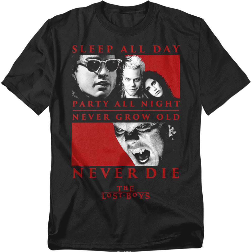 Black t-shirt with graphic design featuring The Lost Boys logo and imagery.