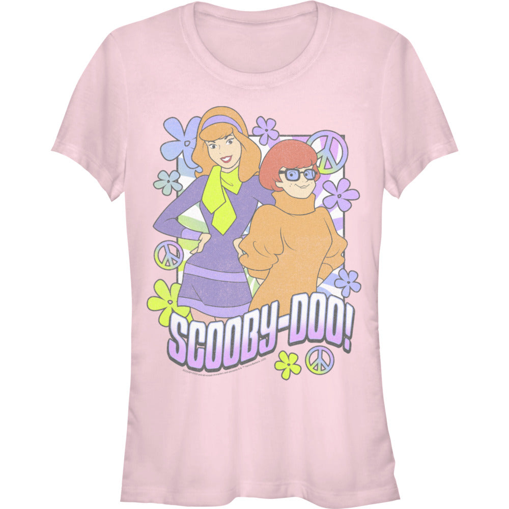 Light pink Scooby-Doo graphic t-shirt featuring Daphne and Velma with retro flower and peace sign artwork