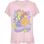 Light pink Scooby-Doo graphic t-shirt featuring Daphne and Velma with retro flower and peace sign artwork