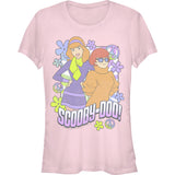 Light pink Scooby-Doo graphic t-shirt featuring Daphne and Velma with retro flower and peace sign artwork